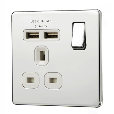 British General POLISHED CHROME 2 X USB 2.1A 13A SWITCHED SINGLE SOCKET